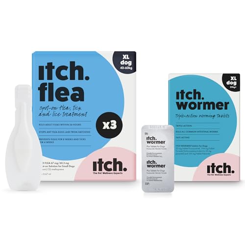 Itch - X-Large Dog Flea & Tick Treatment and Wormer Bundle for Dogs - Dogs Over 40kg - 3 Flea Pipettes and Itch Wormer-2 Tablets