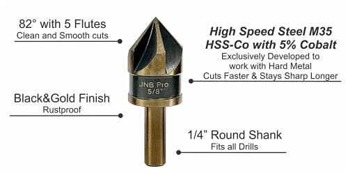 Jnb Pro Countersink Drill Bit Set For Metal - 5 Pc High Speed Steel With 5% Cobalt Hss-Co M35 Grade, Sizes 1/4", 3/8", 1/2", 5/8" & 3/4" - 5 Flutes 82 Degree - 1/4" Shank - Metal Countersink Bit Set #TOP2