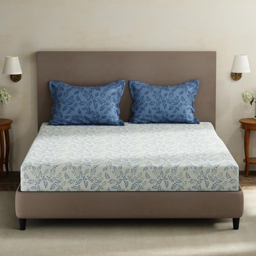 Image of Layers 100% Cotton King Size Bedsheet Set | Blue Floral Print | 120 TC Forever Collection | Soft & Breathable | Washable Bedsheet with 2 Pillow Covers | All Season