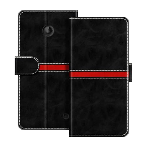 ESACMOT Leder Wallet Hülle Kompatibel mit Nokia Lumia 630 Horizontal Streifen Flip Cover Schutzhülle mit Kartenfach Magnetverschluss (Schwarz)