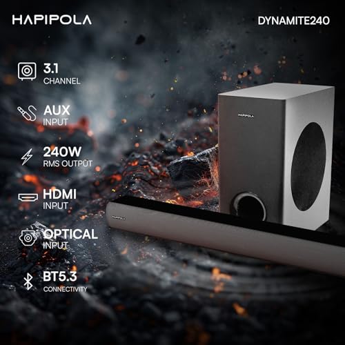 Image of HAPIPOLA Dynamite240 2.1 Channel Home Theatre System, 240W RMS Output, HDMI Input, BT5.3 Connectivity, Optical Input, Aux Input (Dynamite 240)