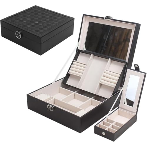 ITMEATジュエリーボックスアクセサリーケース鏡付きジュエリー収納宝石箱大容量鍵付きおしゃれ小物入れピアスネックレスリング指輪置き女の子女性用ホワイト (25×25×9cm,ブラック)