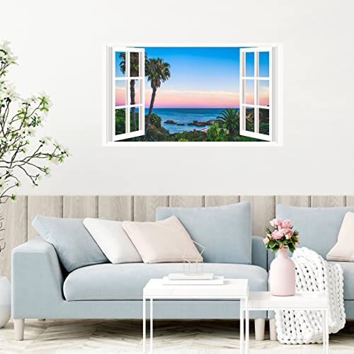 3D Wall Stickers Summer Beach Wall Stickers Murals Removable Fake Window Wall Stickers Scenery View Window Decals Peel And Stick Seascape Wall Stickers For Living Room Bedroom Decor #TOP1