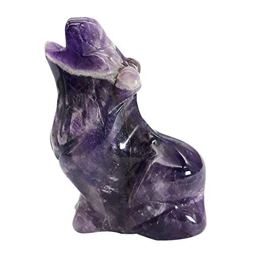 Image of favoramulet 2 Inches Amethyst Stone Howling Wolf Statues, Hand Carved Wildlife Animal Sitting Wolves Figurine Sculpture Healing Crystal