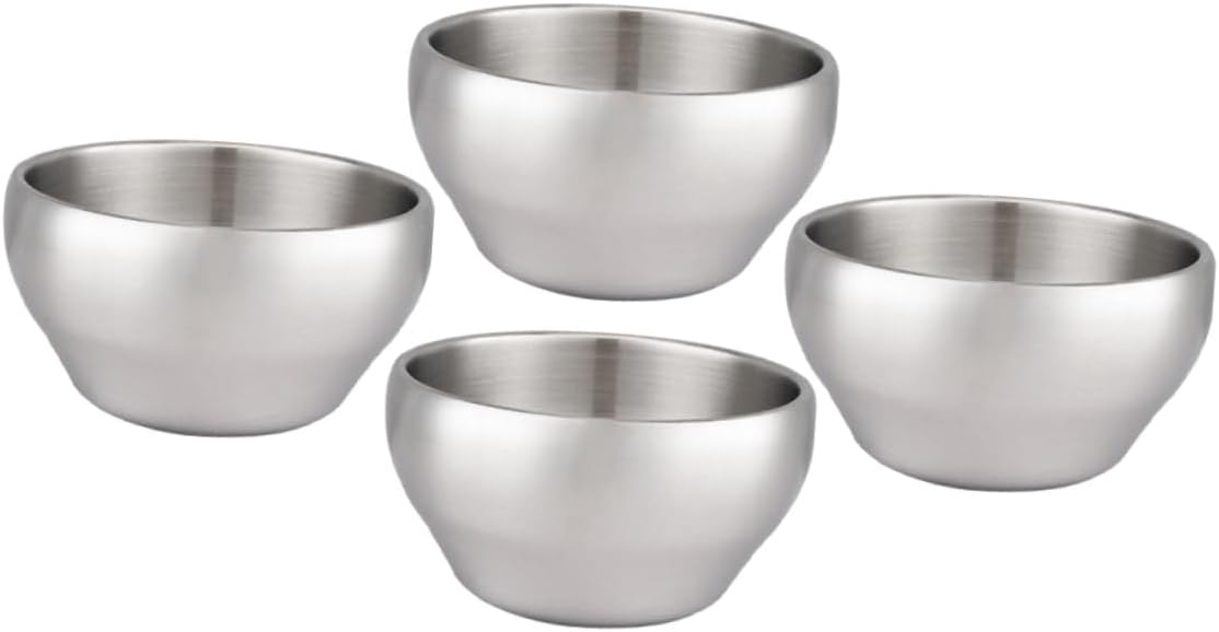 Cabilock 4Pcs Double Layer Stainless Steel Rice Bowls Insulated Soup Bowls for Instant Noodles Space Saving Design for Home Restaurant Use