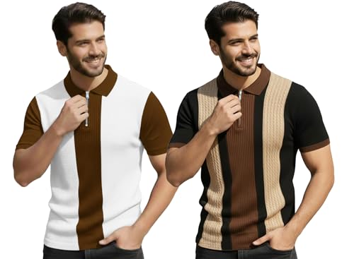 Image of AUSK Men's Retro Cable-Knit Quarter-Zip Polo | Premium Textured Self-Design Half Sleeve T-Shirt for Men