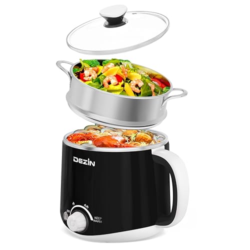 Dezin Hot Pot Electric with Steamer, Rapid Noodles Cooker, Stainless Steel Electric Pot 1.6 Liter, Perfect for Ramen, Egg, Dumpling, Soup, Oatmeal with Temperature Control and Keep Warm Function