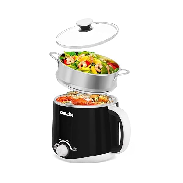Dezin Hot Pot Electric with Steamer, Rapid Noodles Cooker, Stainless Steel Electric Pot 1.6 Liter, Perfect for Ramen, Egg, Dumpling, Soup, Oatmeal with Temperature Control and Keep Warm Function