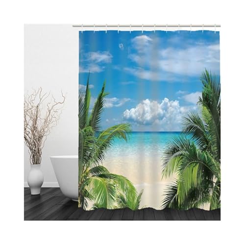 Rideau de douche textile blanc bleu vert motif mer ensoleillée en polyester - 2