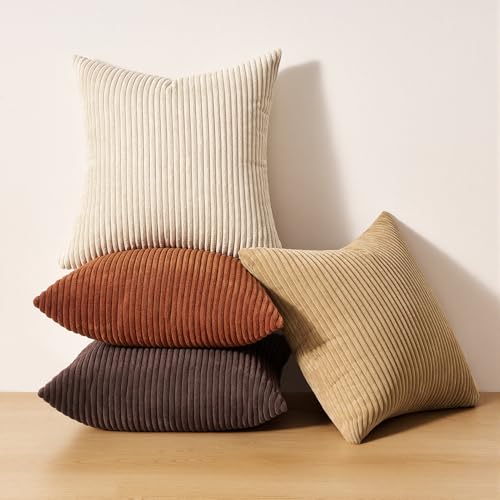 Image of Topfinel Beige Brown Throw Pillow Covers Rustic Modern Soft Corduroy Striped Decorative Cushion Cover 16x16 Inch Gradient Farmhouse Pillow Case Set of 4 for Sofa Couch Living Room Bedroom