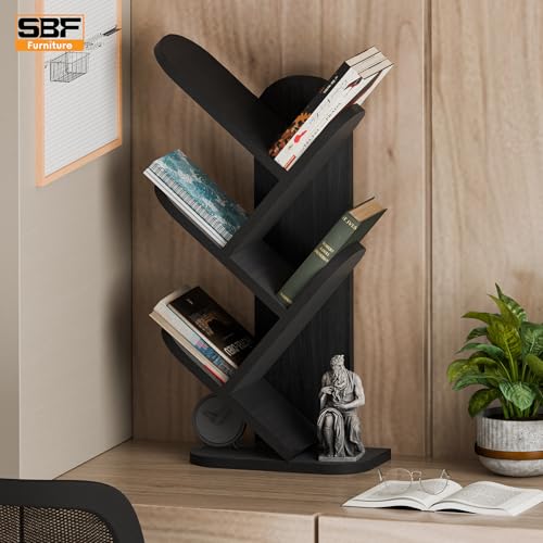 Image of SBF Furniure 5-Tier Modern Tree Bookshelf - Freestanding Black Bookcase for Home & Office | Space-Saving Vertical Display Shelf for Books, Decor & Plants (Black)