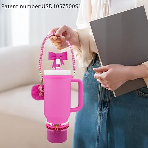 Hpebl 11PCS Fuchsia of Stanley Cup Accessories 30/40 OZ Water Bottle Tumbler Accessories Set Pearl Bow Charm for Stanley Decorations Including Bow Straw Topper, Pom Pom Keychain, Silicone Tumbler Boot - image 4