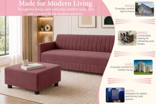 Image of Modern 3-Seater Velvet Sofa with Ottoman | Vertical Channel Tufted Backrest | Plush Cushioned Seating | Stylish Contemporary Sofa for Living Room, Bedroom & Office | Rose Pink
