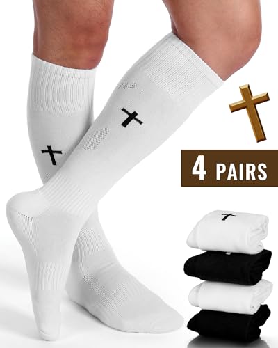 Eurzom 4 Pairs Cross Socks for Men Arch Support Thick Towel Bottom Knee High Socks Christian Religious Gifts for Football Baseball Soccer Running Sports3