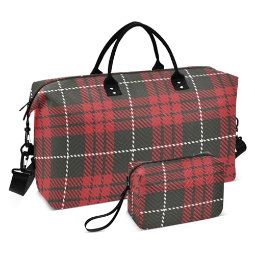 Sinestour Red Tartan Plaid Travel Duffel Bag for Men Women with Makeup Bag Weekend Overnight Carry On Bags for Travel Getaway Weekend - Main Image