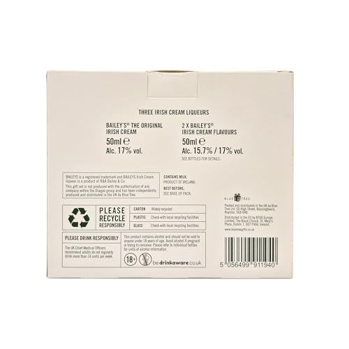 Baileys Irish Cream Liqueur - 3 x 5cl The Original Irish Cream, Chocolate & Toffee Popcorn, in a beautiful gift pack, ideal Christmas or Birthday present. By Blue Tree Gifts.