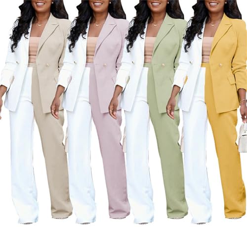 Women Blazer and Trousers Set Casual Office 2 Piece Outfits Color Block Business Suits Color Block Suit Set 5