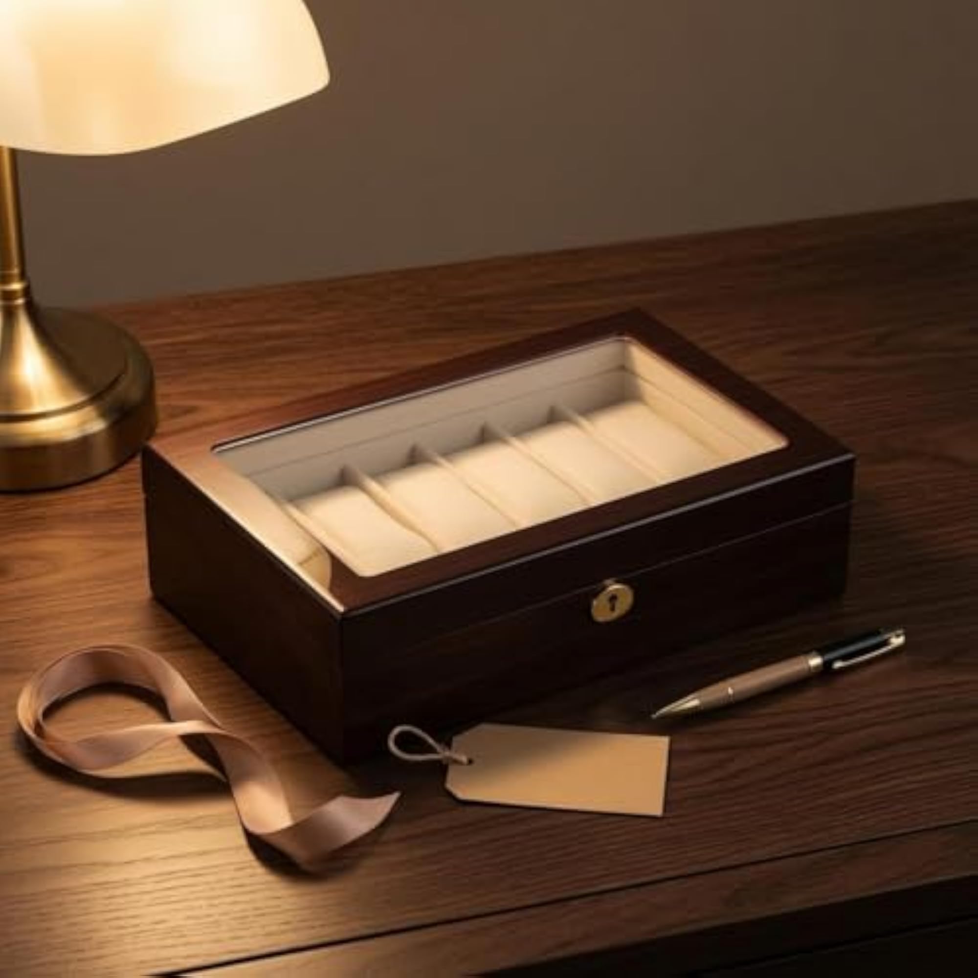 Lacquered Glass-Top Wooden Watch Box