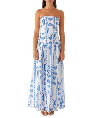 Image of Women Floral Strapless Maxi Dress Y2K Bodycon Tube Long Dresses Sexy Party Formal Cocktail Beach Slit Dress