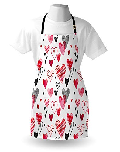 Ambesonne Valentine Apron, Different Types Of Heart Shapes Romance Love Theme Watercolor Striped Art, Unisex Kitchen Bib With Adjustable Neck For Cooking Gardening, Adult Size, White Black #TOP2
