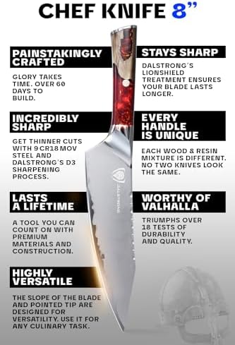 Dalstrong Chef Knife - 8 inch Blade - Premium 9CR18MOV HC Steel - Full Tang - Red Resin Handle - Chef's Knife - Valhalla Series - Razor Sharp Kitchen - Professional Leatther Sheath - Thumbnail 3