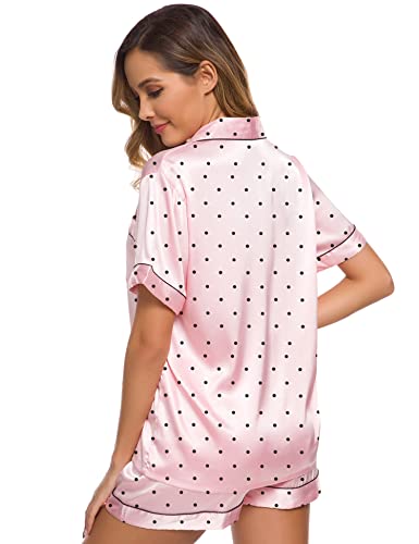 Image of SWOMOG Womens Silk Satin Pajamas Set Short Sleeve Sleepwear Button Down Top and Shorts Loungewear 2 Piece Pjs Set XS-3XL