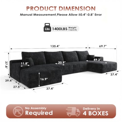 Image of Boneless Couch, Modular Sectional Couches for Living Room, U-Shaped Cloud Couch Sofa with Deep Seat, Fluffy Corduroy Upholstered Corner Sofa
