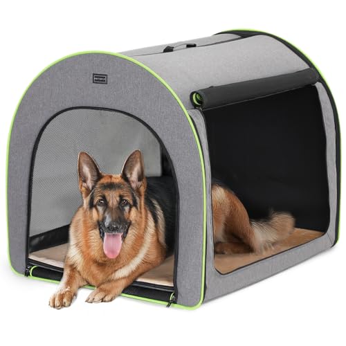 Petsfit Hundebox faltbar für große Hunde, Hundebox für Zuhause Hundeschlafbox Transportbox Hund haltbar gemütlich Zimmerkennel Hund mit Anti-offener Reißverschluss und Plüschkissen, L, Hellgrau