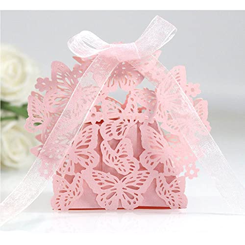 GIVBRO Lot de 50 boîtes à dragées en forme de papillon creux avec ruban pour décoration de fête d'anniversaire Rose