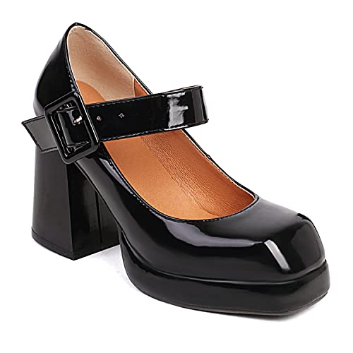 MOOMMO Women Classic Platform Mary Jane Heels Square Toe Chunky High Heel Mary Jane Shoes Ankle Strap Dress Lolita Pumps 4 Inch Block Heel Buckle Strap Sandals Party Casual Wedding Shoes 4-15 M US2