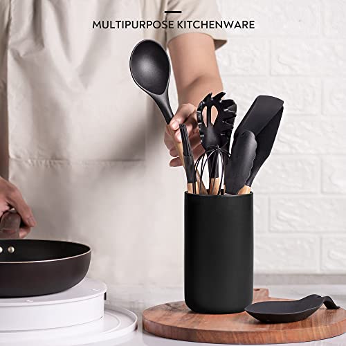 Lanzo Design Kitchen Utensil Set, 13 Pcs Non-Stick Silicone Cooking Utensils Spatula Set With Ceramic Holder (Black Holder) #TOP1