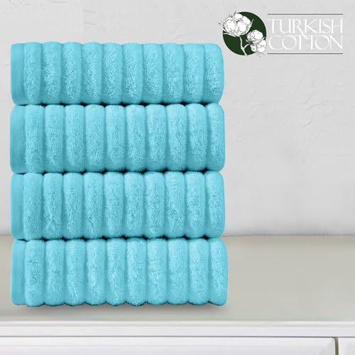 Image of Elegant Comfort Luxury 100% Turkish Cotton Corduroy Ribbed 4 Pack Hand Towel Set 16 x 28 Inch - Absorbent, Super Soft, Quick Dry, Premium Towels for Bathroom, Gym, Spa and Hotel Use, Aqua