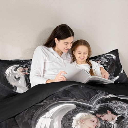 Image of Erosebridal Angel Wings Kids Bedding | Black and White Angel Queen Comforter Sets,Romance Love Comforter Princess Fairy Style Duvet Insert with 2 Pillow Cases