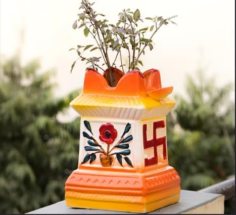 Niyara Ceramic Tulsi Pot – Traditional Plant Holder with Elegant Design (Color- Multicolor Size- 7 X 10 inch)
