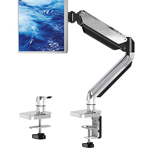 Single Monitor Desk Mount Stand - Height Adjustable Gas Spring Monitor Arm, Full Motion VESA Mount with Clamp and Grommet Base -Fits Screens up to 32 Inch, VESA 75x75, 100x100, Polished Aluminium