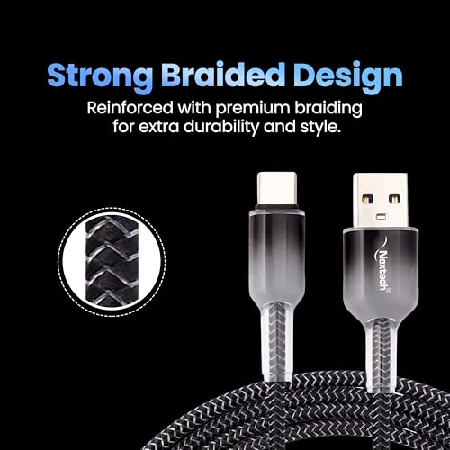 Image of Nextech USB A To USB-C 3A Fast Charging Cable|2.44M Braided Cable|Type C Cable Fast Charging|C Type Charger Cable|480Mbps Data Sync|USB C Charger Cable For Smartphones,Tablets & Devices,Grey