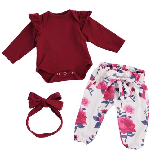 BABESIDE 3 Pcs Reborn Baby Doll Clothes for 17-22 Inch Babydolls, Floral Patterns Lifelike Baby Doll Accessories for Realistic Baby Dolls Girl, Wine Red