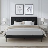 IOILORI Queen Size Bed Frame with Upholstered Velvet Headboard, Platform Bedframe Mattress Foundation No Box Spring Needed, Button Tufting Design, Strong Wooden Slat, Black