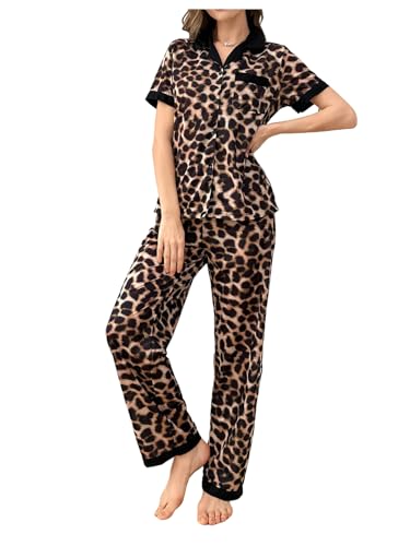 Women's 2 Piece Leopard Pajama Sets Button Down Shirts and Pants Set Cheetah Pj Set Loungewear