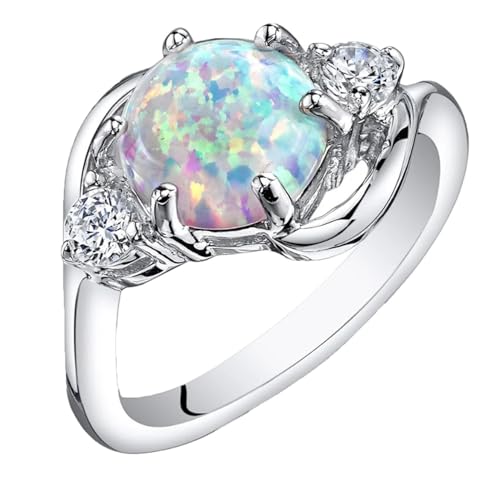 Women's Round Fire Opal Ring Silver Opal Gemstone with Diamond Ring Engagement Wedding for Women Vintage Promise Jewelry Gifts for Her