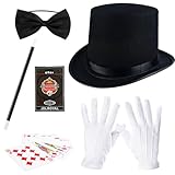 Flotory 5 Pcs Adult Magician Costume Accessories Include Magician Hat Wand Gloves Bonus Black Bow Tie Cards Magicians Hat for Halloween Cosplay Party