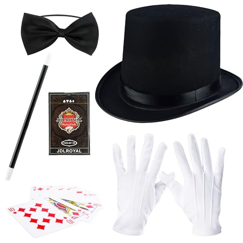 Flotory 5 Pcs Adult Magician Costume Accessories Include Magician Hat Wand Gloves Bonus Black Bow Tie Cards Magicians Hat for Halloween Cosplay Party