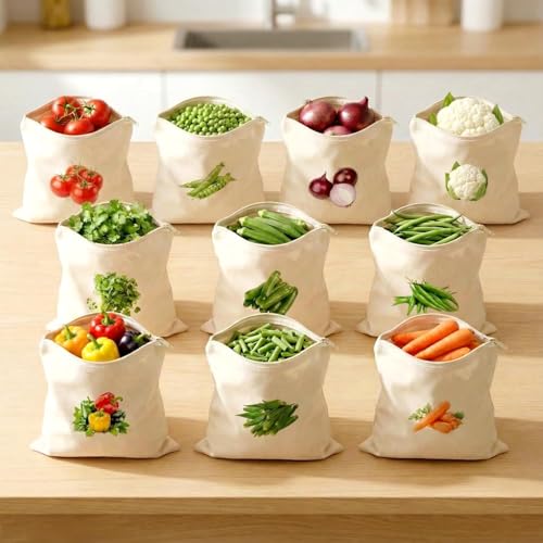 TEKCOOL 100% Cotton Reusable Vegetable Bags for Fridge | Eco-Frie...