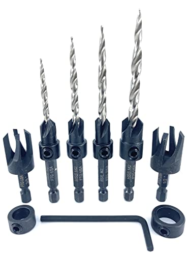 Image of FTG USA 4 Pc Wood Countersink Set #4#8#10#12 w / 2 Collars & 2 Plug Cutters | Includes 3 /8 inch and 1 /2 inch depth stop collars plus 3 /8 inch and 1 /2 inch plug cutters. Comes with hex key for quick bit adjustments