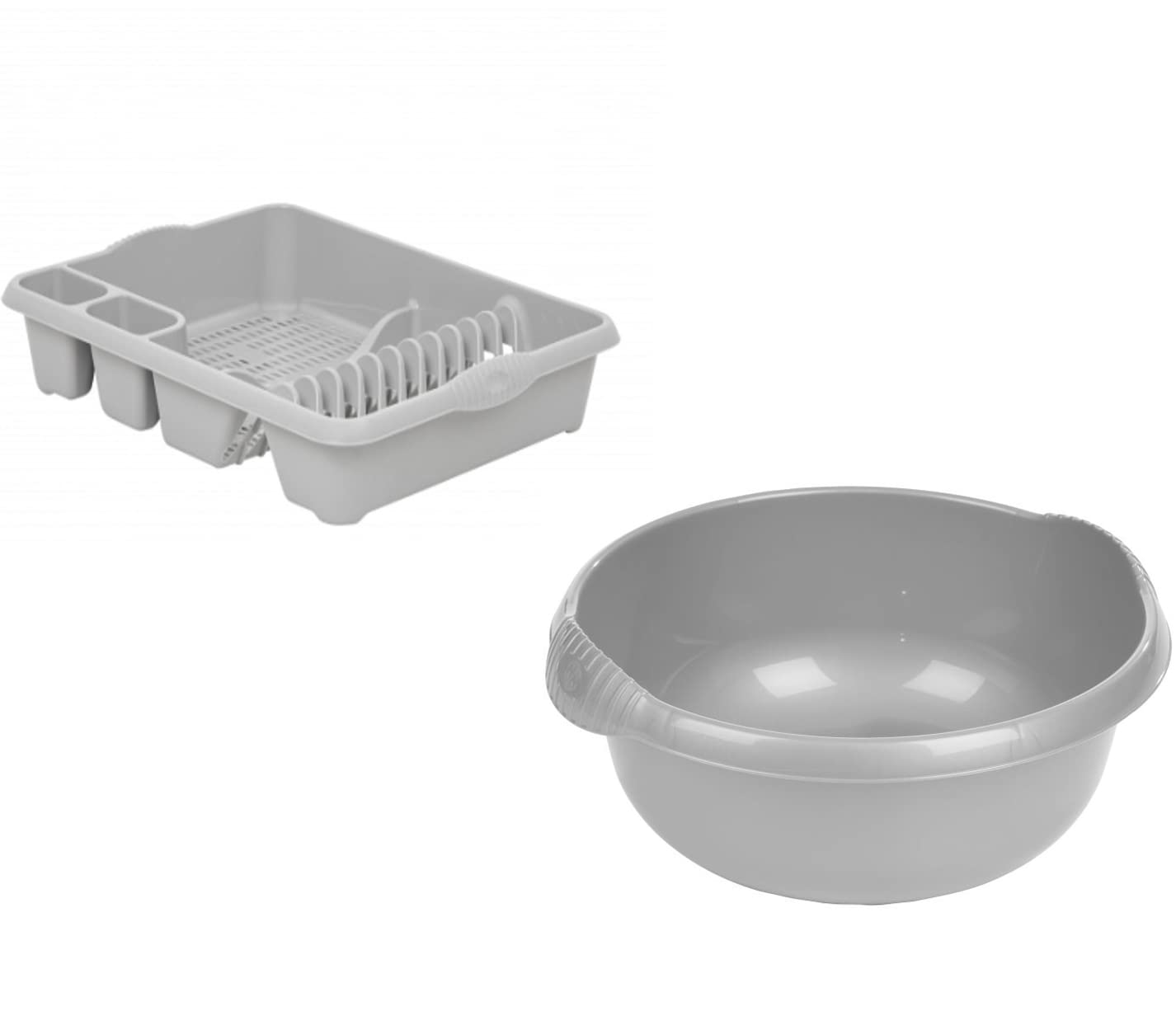 JMS we create smile Set of 2 Plastic Kitchen Large Dish Drainer with 32cm Round Washing Up Bowl (Soft Grey) — image 1