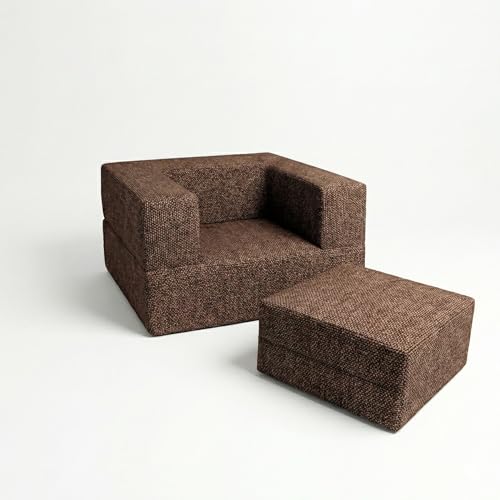 Image of C-Type Sofa Bed 3x6 Ft with Pouffe - Jute Fabric Convertible Floor Sofa Cum Bed with Wide Arm Support for Living Room & Guest Room - Brown Color