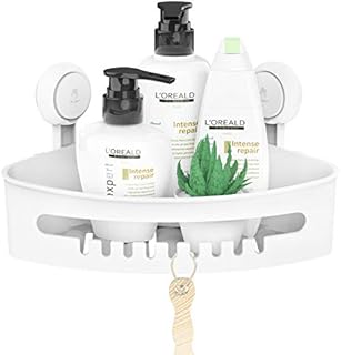 LEVERLOC Corner Shower Caddy Suction Cup Shower Shelf NO Drilling Shower Corner Basket Suction Heavy Duty Max Hold 10KG for Bathroom & Kitchen Corner Shower Rack- White in Plastic