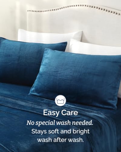 Image of Fleece Sheets Queen Size Set - 4-Piece Velvet Flannel Sheet Set - Navy