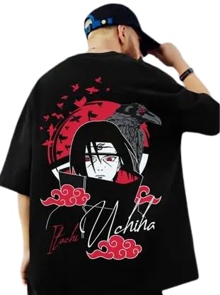 Image of Anime Graphic T-Shirts Collection, Oversized Black Cotton, Japanese Manga Print, Short Sleeve