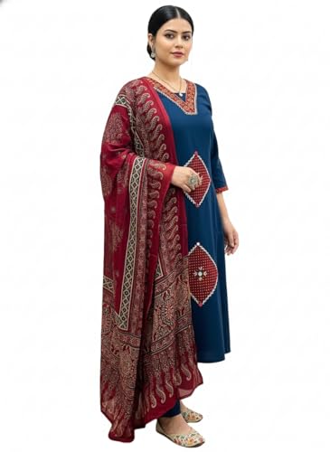Image of BHARVITA Women's Rayon Handwork Embroidered and Printed Straight Kurta with Pant And Dupatta Sets